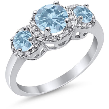 Three Stone Simulated Aquamarine CZ Wedding Ring 925 Sterling Silver